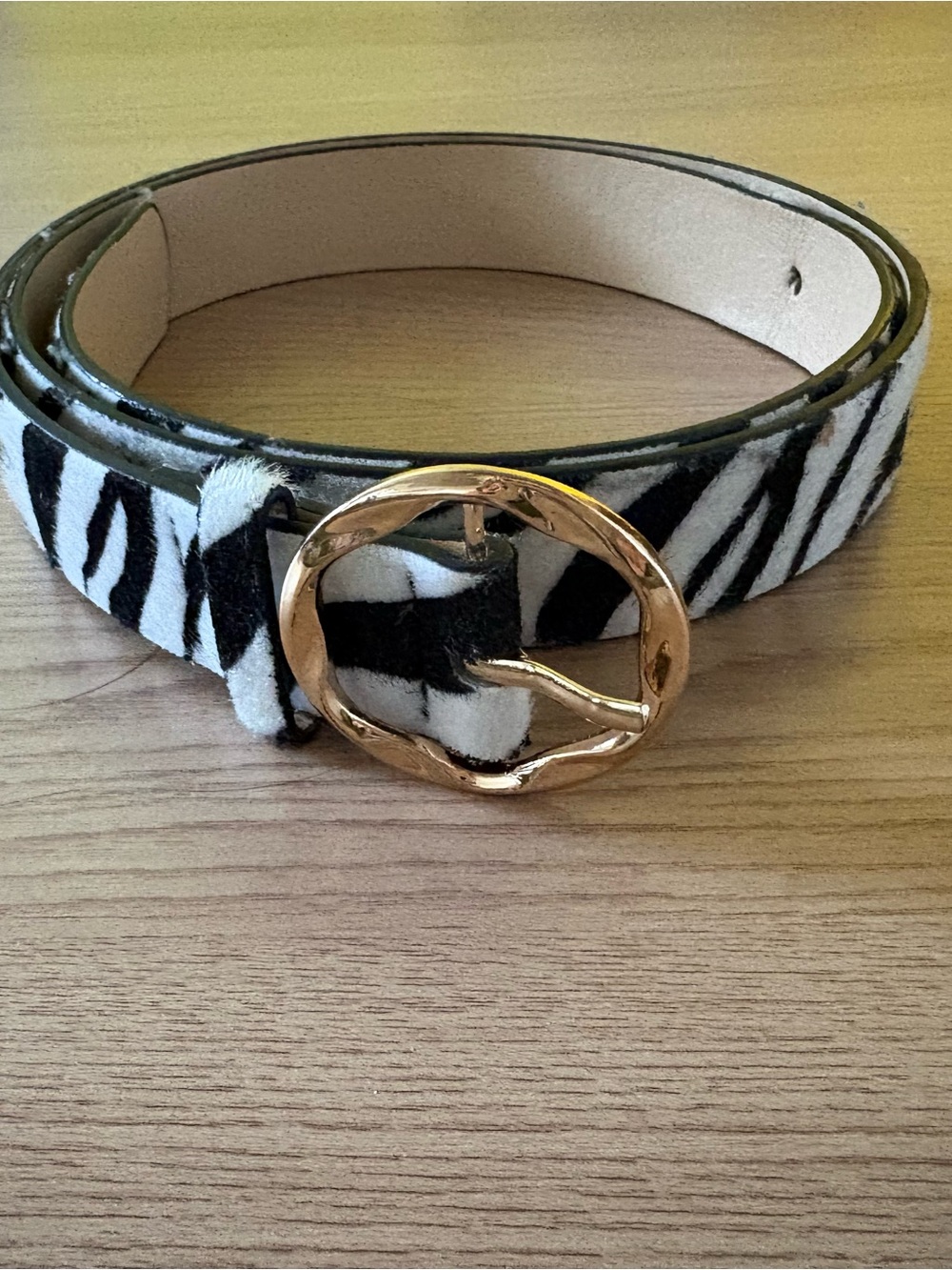 Zebra Print Faux Haircalf Belt with Gold Funky Buckle